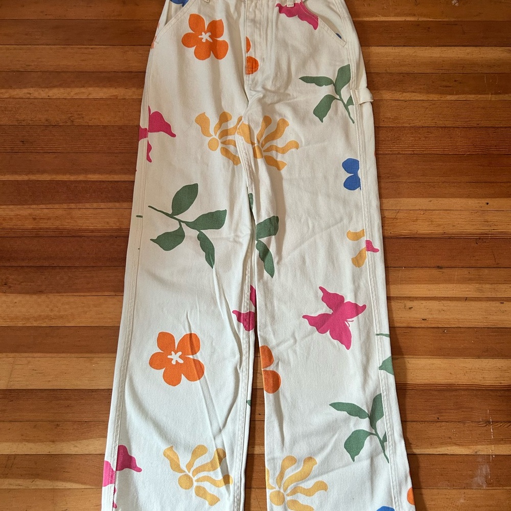 PacSun Cream Pants with Pink and Orange Floral Design